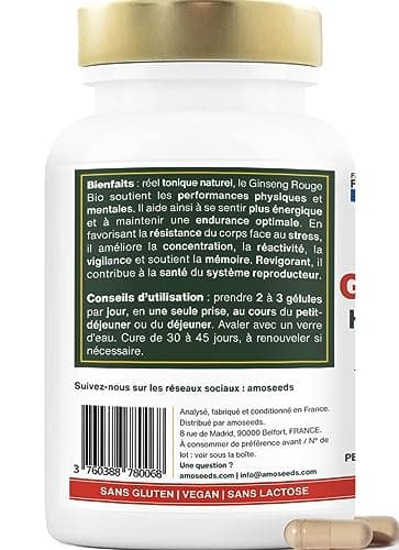 Panax Ginseng Rouge BIO de Corée | Extra Fort 900mg / jour | Énergie, Vigueur, Anti-stress, Concentration | 90 gélules de 300mg | Qualité Supérieure