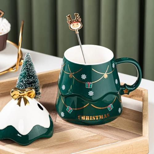 Liemuao Tasse de Sapin de Noël, 550ml Mug Mignonne en Céramique avec Couvercle et Cuillère, Tasse à Café Tasse Kawaii Chocolat Chaud Noel, Christmas Mug Set pour Famille, Ami, Collègue (Vert)