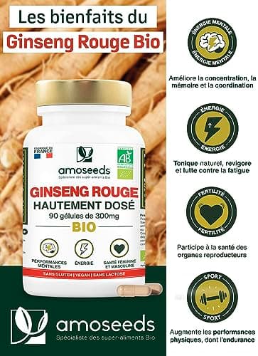Panax Ginseng Rouge BIO de Corée | Extra Fort 900mg / jour | Énergie, Vigueur, Anti-stress, Concentration | 90 gélules de 300mg | Qualité Supérieure
