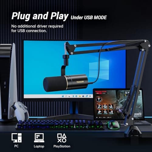 TONOR Micro Cardioïde Dynamique USB/XLR avec Bras de Support pour PC PS4 PS5, Microphone de Studio pour Podcasting, Gaming, Streaming, Enregistrement Vocal avec Prise Casque 3,5 mm, Bouton Mute,TD510+