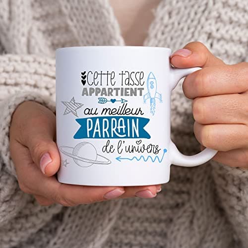 ÉNJA Création. Mug parrain. Parrain/Tasse – Le meilleur de l'univers - Futur parrain - Cadeau anniversaire, fête ou noël Cadeau original. Céramique haute qualité 11oz - 320 ML (PARRAIN)