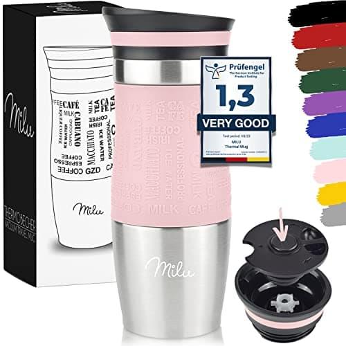 Milu Mug Isotherme Etanche 370ml, 450ml I Thermos Café-Thé I Tasse isolée pour café et thé à emporter, Double Paroi Isolée sous Vide, Acier Inoxydable I Tasse de voyage Chaud & froid (370ml, Rose)