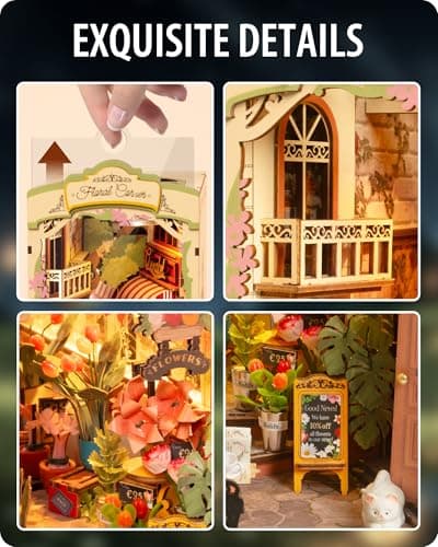 Rolife Book Nook Coin des Fleurs Booknook avec Lumière LED Kit Maisons de Poupées DIY Maison Miniature Puzzle en Bois 3D pour Adultes Bibliothèque Décoration Cadeau d'anniversaire