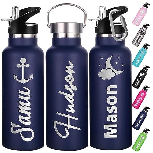 Xihedfd Gourde Personnalisée Avec Paille 350ml 750ml Nom Gravé Logo Bouteille Isotherme Bouteille d'eau Personnalisée En Acier Inoxydable Cadeau pour l'École Le Sport Le Bureau l'Extérieur