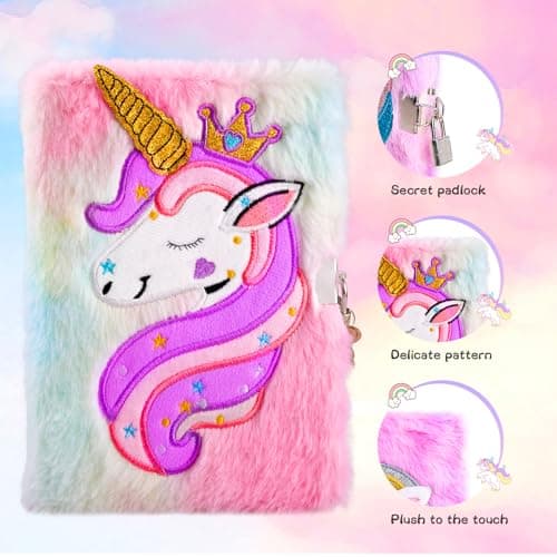 PESLNG Agenda secret pour filles avec cadenas, carnet de voyage en peluche, carnet privé avec stylo multicolore, bracelet, porte-monnaie mignon et 6 autocollants - Cadeau pour filles avec licornes