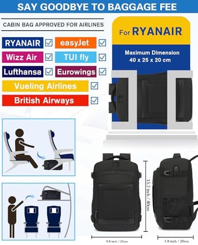 KLOSTAIN Bagage Cabine 40x20x25 pour Ryanair Sac à Dos Voyage Cabine Avion 20 L Femme Homme Bagage à Main Sac à Dos pour Ordinateur Portable Noir