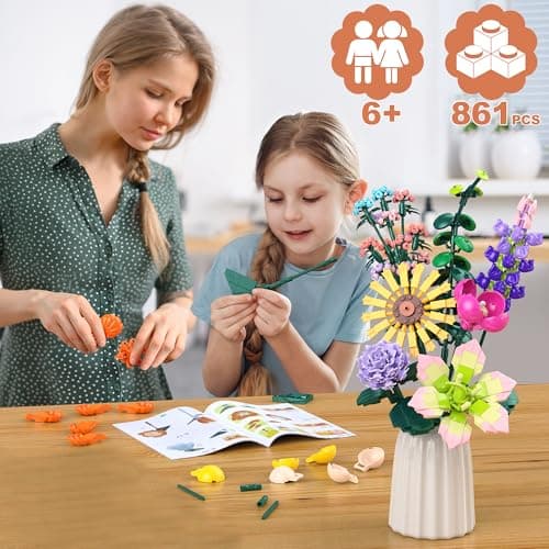 Kit de Construction Bouquet de Fleurs, 861 PCS Flowers Artificielles pour Bureau et Maison, 2024 Cadeau pour Enfants de 6+, Anniversaires, Fête des Mères, Saint-Valentin, Vacances de Noël