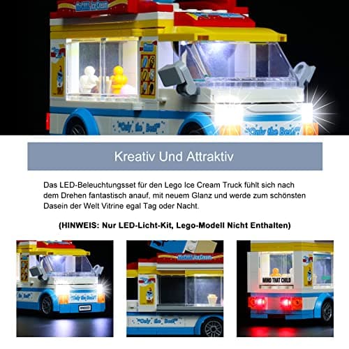 BrickBling Ensemble d'éclairage LED pour Lego Ice Cream Car, Ensemble d'éclairage décoratif pour Lego 60253 City Great Vehicles Ice Cream Car Creative Toy (Pas de modèle Lego)