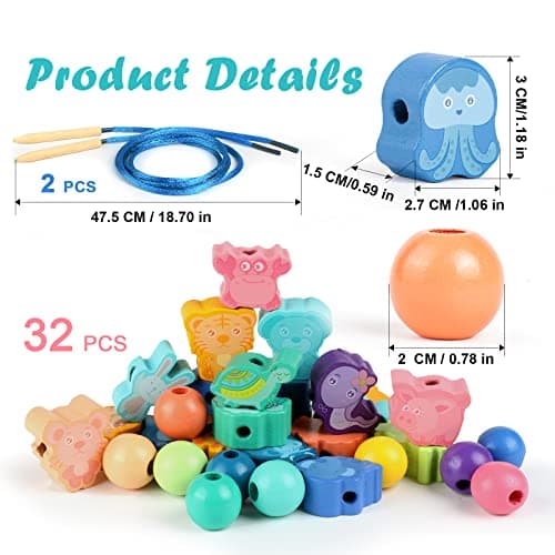 32 Jouets de Filetage en Bois, Perles de Laçage éducative, Perles à Enfiler Montessori, Jeu D'enfilage de Perles Jouet pour D'apprentissage Educatifs pour Garçons Filles 2 3 4 5 6 Ans