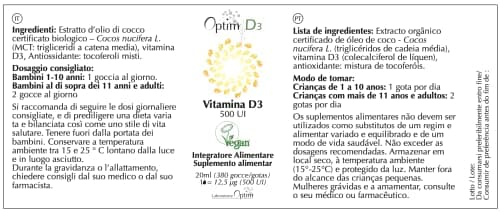 Vitamine D3 naturelle en gouttes supplément | vitamine D enfants - bébé – adultes – femme enceinte | 500 UI par goutte - Flacon 20ML | Vitamine D Végétale Vegan Lichen - huile de coco | Optim D3