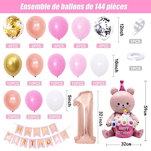 Decoration Anniversaire 1 an Fille,Ballon Anniversaire 1 an fille, Ballons de Baudruche Rose,Deco Anniversaire Fille 1 an,Décoration Anniversaire Fille,Déco Anniversaire 1 an,Ballons Anniversaire Bebe