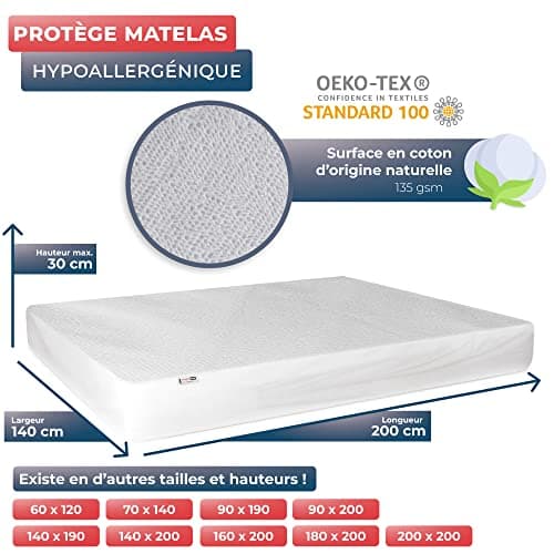 WRAPPYBAG Protège Matelas Imperméable 140 x 200 cm – Alèse en Coton Certifiée Oeko-TEX Bonnet 30cm – Housse de Lit Hypoallergénique (Acarien/Poussière/Transpiration) avec Attache Élastique