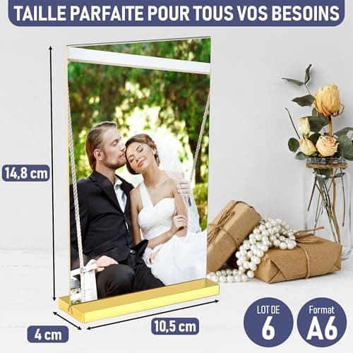 Luxueux cadres dorés en acrylique A6, lot de 6, expositions de photos impressionnantes, améliorez l'ambiance de l'événement avec des porte-numéros de table en or exquis, porte-affiche en or élégant