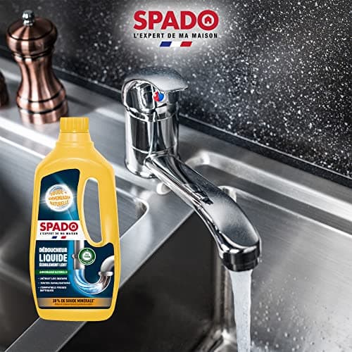 SPADO - Déboucheur liquide - Ecoulement lent - Détruit les odeurs - compatible fosse septique - action dès 15min - soude minérale concentrée 30% - 1 L - Fabriqué en France