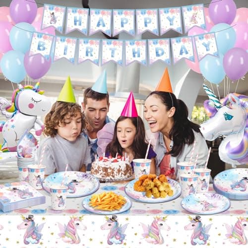 LAISLLA Assiettes Anniversaire Licorne, Anniversaire Licorne Decoration Fille, Deco Licorne Ballon, Licorne Vaisselle Anniversaire pour Enfants Party Fête Mariages Baby Shower Noël, 16 Invités
