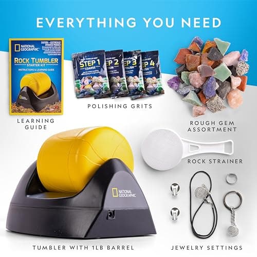 NATIONAL GEOGRAPHIC Starter Rock Tumbler Kit - Rock Polisher for Kids and Adults, Complete Rock Tumbler Kit, Durable Leak-Proof Tumbler, Rocks, Grit, and 5 Jewellery Fastenings, A Great STEM Hobby