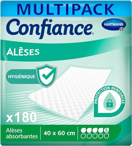 Confiance Alèse - Alèses pour la Protection de la Literie ou du Fauteuil - Niveau d'Absorption = 5 Gouttes - Dimensions = 40 x 60 cm - 6x30 unités