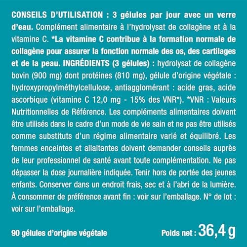 COLLAGÈNE Type I - Source de vitamine C - Hydratation de la Peau - Protège Os & Articulations - 900 mg - 90 Gélules - Nutrimea - Fabriqué en France