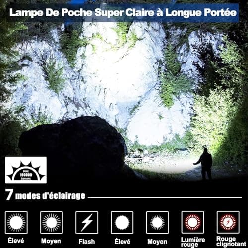 Lampe Torche LED Ultra Puissante, 100 000 Lumens Lampe Torche LED Rechargeable, 7 Modes Super Lumineuse, Longue Durée, IPX7 Étanche Idéal Pour Camping, Randonnée Et Urgences