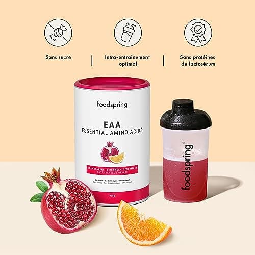 foodspring EAA Poudre avec électrolytes pour pre-workout et musculation - avec tous les acides aminés - sans sucre & sans lactosérum (420g | 30 portions | 1 cuillère doseuse = 14g | Grenade et Orange)