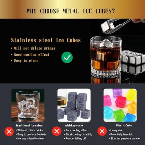 Lot de 16 Glacon Reutilisable - Glacons Pierre a Whisky - Glaçons Réutilisables en Acier Inoxydable, Metal Whiskey Stones pour Cadeaux de La Fête des Pères pour Les Hommes Mari et Papa