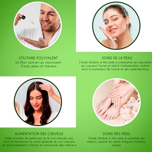 Kanzy Huile Essentielle Tea Tree Bio 60ml Naturelle Vegan Huile Arbre à Thé pour le Visage, Ongles et les Soins de la peau Huile