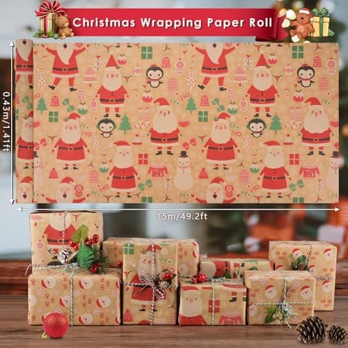 AhfuLife 2 Rouleau Kraft Papier Cadeau Noël, 43cm×15m Recyclable Papier Emballage Cadeaux Noel avec Motifs Fins pour Enfant Emballage des Cadeaux, Décor de Noël(C : Hoho/Père Noël)