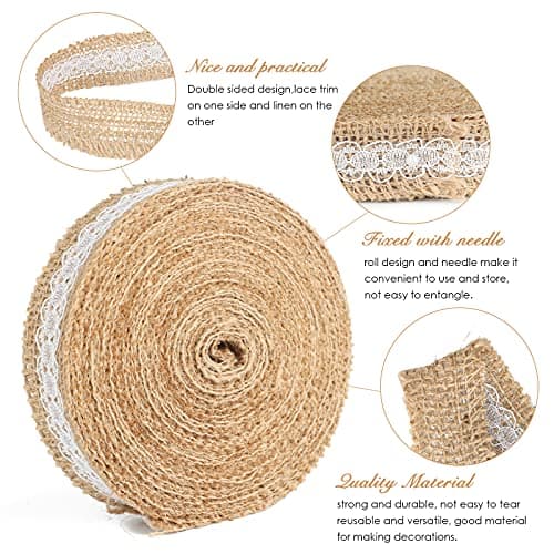 jijAcraft 2,5cm Ruban Jute Dentelle, 10M Dentelle Rouleau Toile de Jute, Rouleau Toile de Jute Naturel pour décorer Mariages Champêtres Anniversaires Artisanat