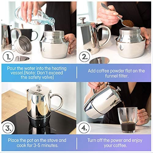 VeoHome Cafetière Italienne inox 6 Tasses 300 ML – Cafetière Moka Induction, Gaz, Céramique Style Expresso – Incassable, Sûre et Lavable au Lave-Vaisselle...