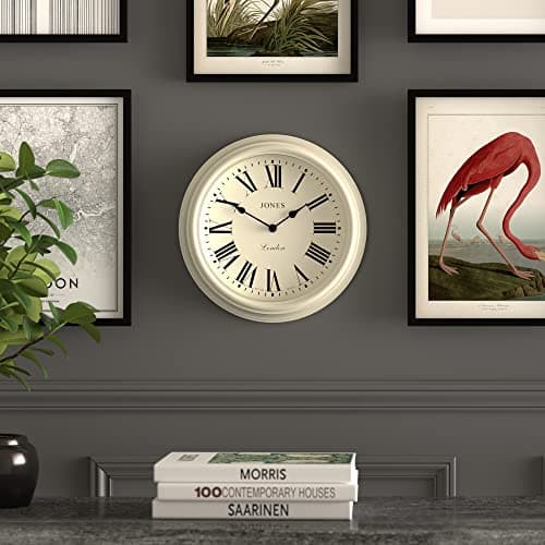 JONES CLOCKS® Horloge Murale Venetian – Horloge Murale Ronde – Design Traditionnel Classique – Horloge de Cuisine – Horloge de Salon – Boîtier décoratif (Blanc/Chiffres Romains)