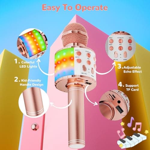 Ankuka Microphone sans Fil Karaoké avec Lumières LED de Danse, Microphone Bluetooth pour Enfants Fille Garcon pour Fête Chanter Idée Cadeau de Noël Anniversaire Or Rose