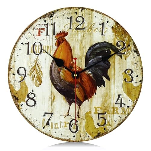Lafocuse 30cm Horloge Murale Coq Vintage Bois, Silencieuse Pendule Murale Retro, Shabby Chic Rond Déco sans Tic-tac pour Salon Chambre Cuisine Bureau