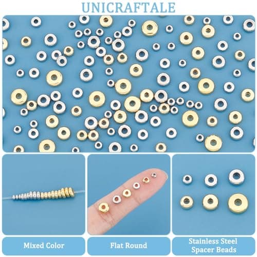 UNICRAFTALE 300 pièces 2 couleurs 6 Taille Perles D'Espacement Perles Plates Perles Intercalaires Acier Inoxydable Perles Rondelle Perles Entretoise Perles en Vrac pour Bracelet Fabrication de Bijoux