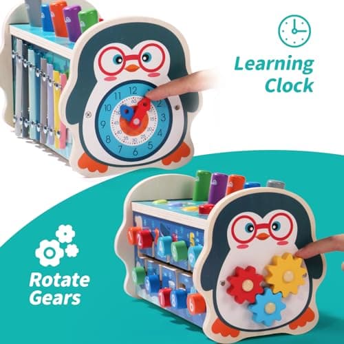 funsonjoy Jouet Bebe 1 An Fille, Jouet Enfant Montessori 1 An, Cadeau Enfant Bebe 1 2 3 An Fille Garcon, 6 en 1 Jeux Bois Bebe 1 An avec Jeu de Taupe & Jeu de Pêche & Xylophone Bebe & Horloge Jeu 1 An