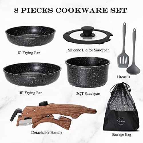 Kitchen Academy Lot de 10 Casseroles et Poêles, Poêle à Frire 20 cm/25 cm, Casserole 18 cm, Induction, Poignée Amovible, Revêtement Antiadhésif, Noir