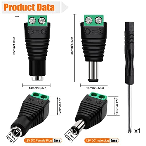 KUOQIY 7 Paires 5.5mm x 2.1mm DC Connecteur d'alimentation Mâle et Femelle, 12V Mâle Femelle Adaptateur de Prise à Vis, pour Caméra CCTV