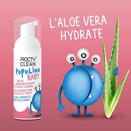 ProctyClean PopoLino Baby Mousse nettoyante douce au lieu de lingettes humides. Rend les fesses et l'environnement heureux avec aloe vera, hamamelis, begamotte et vitamine E