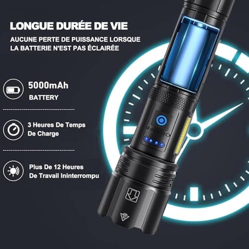 Lampe Torche LED Ultra Puissante, 100 000 Lumens Lampe Torche LED Rechargeable, 7 Modes Super Lumineuse, Longue Durée, IPX7 Étanche Idéal Pour Camping, Randonnée Et Urgences