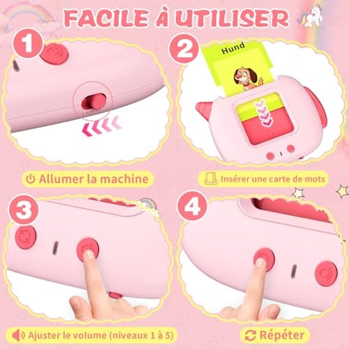 Français Standard, Carte Flash Parlante Éducatives 400 Mots, Jeu Educatif pour Enfants dès 12 Mois, Développement du Langage, Montessori Jouets Interactifs pour Préscolaires Garçons Filles 2-6 -Rose