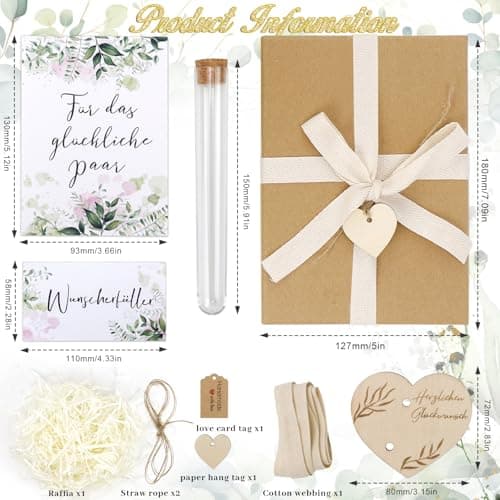 LPZMPZ Cadeaux de Mariage pour Couple de Mariés Argent Cadeau de Mariage Carte de Mariage Cadeau d'argent avec Carte de Vœux, Cœur en Bois, Ruban, Raphia, Tube à Essai, Emballage Cadeau