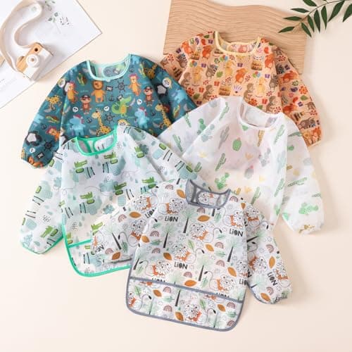 HaimoBurg Lot de 5 Etanche Bavoir à Manches Longue pour Bébé alimentation Imperméable Blouse Tablier 3 a 24 Mois (5 Pcs Set C)