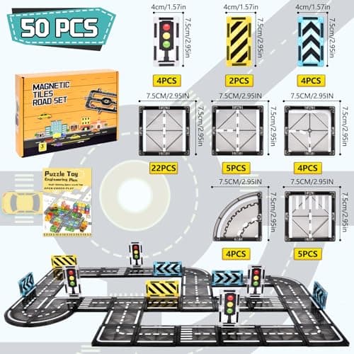 BuzzoXerex Construction Magnetique Routes, 50 Pièces Magnetic Tiles, Bloc de Construction Magnétique Éducatifs Cadeau pour Fille Garçon 3 4 5 6 Ans