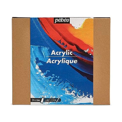 Pébéo - Studio Acrylics - Set 24 Tubes 20 Ml Couleurs Assorties + Accessoires - Kit de Peinture Acrylique pour Artiste et Débutant - Pinceaux + Spatule + Carton Toilé - Couleurs Lumineuses