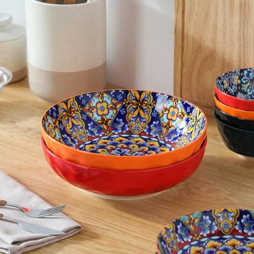 vancasso Série SIMI Lot de 2 Grands Service Bols à Pâtes en Porcelaine, Saladiers de 2000ml, Passe au Micro-ondes et au Lave-vaisselle, Rouge