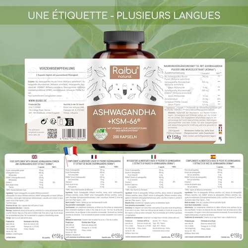 Raibu Ashwagandha KSM-66 200 Gélules - Jusqu'à 7% Withanolides - 1334mg par dose journalière du Complexe Ashwagandha - Sans Additifs Artificiels - Vegan, Naturel, Testé en laboratoire