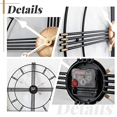 Yumyolk Horloge Murale Ronde, 60 cm, Silencieuse, Fonctionnement à Piles, Lunette Horloge Murale Ronde, 60 cm, Silencieuse, Fonctionnement à Piles, Noire, Aiguilles Or, Chiffres Romains Noirs