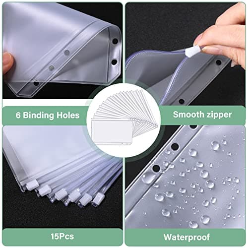 Oderra 15Pcs Pochettes Classeur A6, 6 Trous Pochette Plastique budget enveloppe pour documents cartes photos Transparent Budget Binder A6