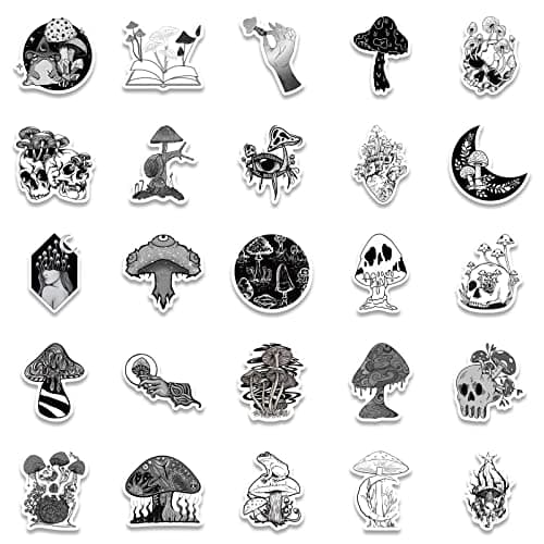 Goth Style Mushroom Lot de 50 autocollants gothiques esthétiques noirs et blancs imperméables en vinyle décoratif petits autocollants pour guitare, bouteille d'eau, bagages, tablette, téléphone,