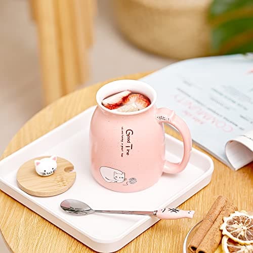 Chat Tasse Jolie tasse à café en céramique avec couvercle et cuillère en bois chat kawaii Nouveauté Morning Cup Tasses à thé au lait au café Tasses de chat pour les amoureux des chats Femmes (Rose)