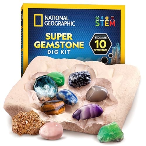 NATIONAL GEOGRAPHIC Kit d'Excavation de Gemmes avec 10 Véritables Pierres Précieuses pour Enfants, Découvrez Les Pierres Précieuses avec des Outils d'Excavation et Une Loupe, Kits de Science